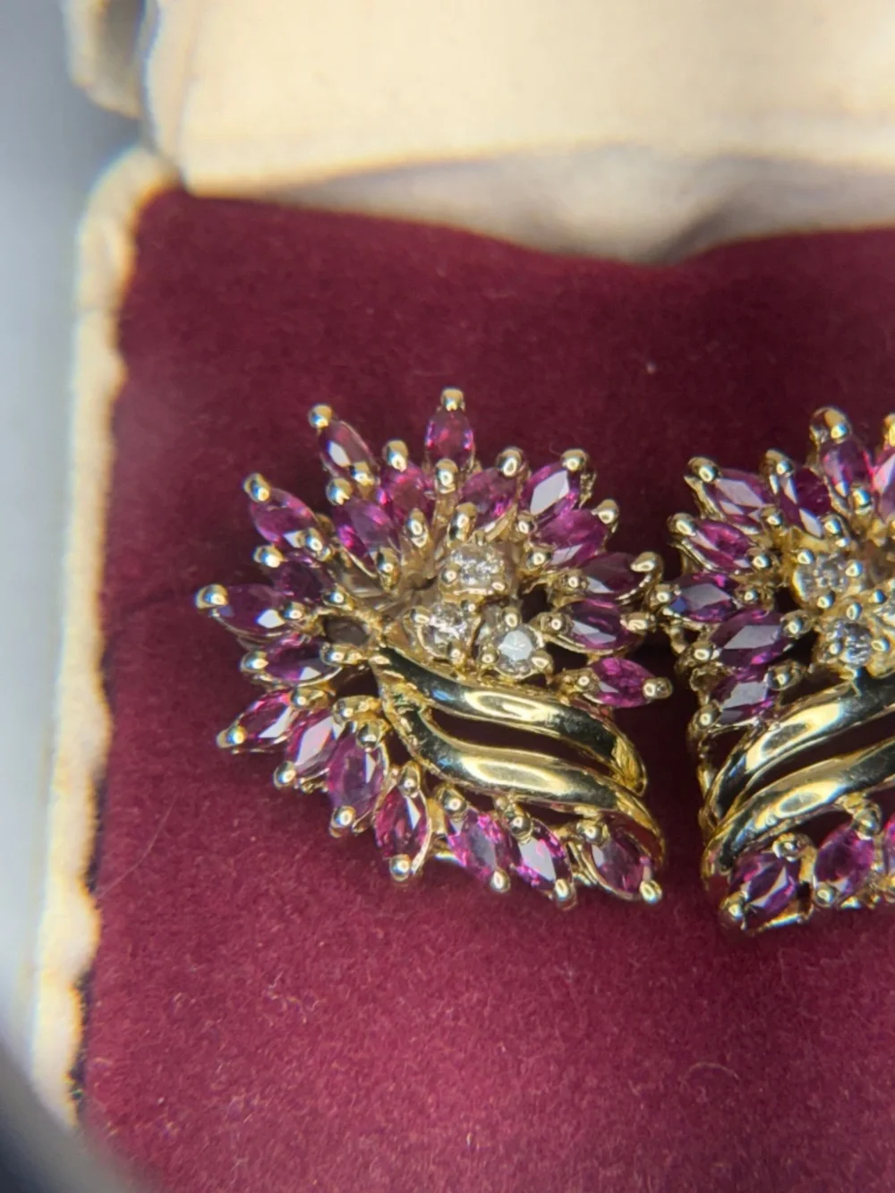 14k Yellow Gold Genuine Ruby And Diamond Earring. Vintage And Papers Included